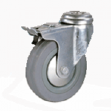 Колесо серая резина поворотное с тормозом крепление под болт (штырь) (SChgb55) 125 мм