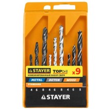 Набор STAYER "STANDARD": Сверла комбинированные, дерево (4-6-8мм), металл (4-6-8мм), бетон (4-6-8мм), 9 предметов
